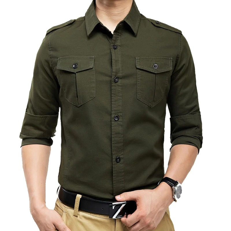 Men's military slim fit long sleeve shirt in olive green, featuring two pockets and a stylish turn-down collar.