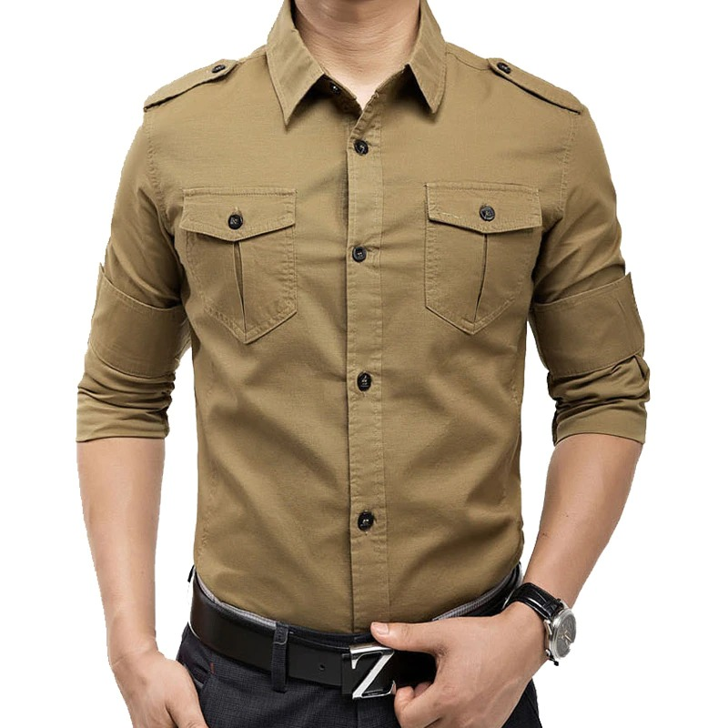 Men's military slim fit long sleeve shirt in khaki, featuring two pockets and a stylish turn-down collar.
