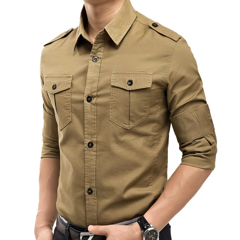 Military slim fit long sleeve shirt in khaki with two pockets, turn-down collar, and button closure, perfect for casual wear.