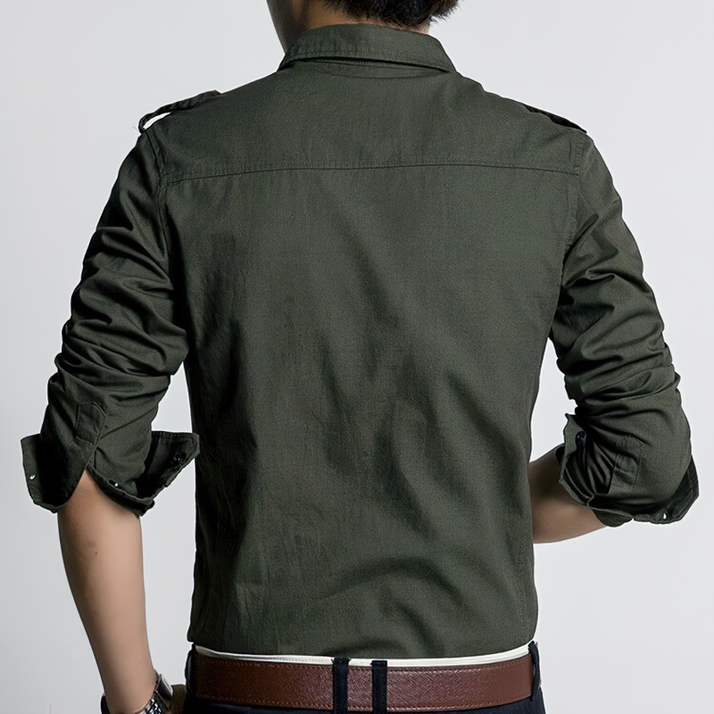 Back view of a military slim fit long sleeve men's shirt in olive green, showcasing its safari style and fitted design.
