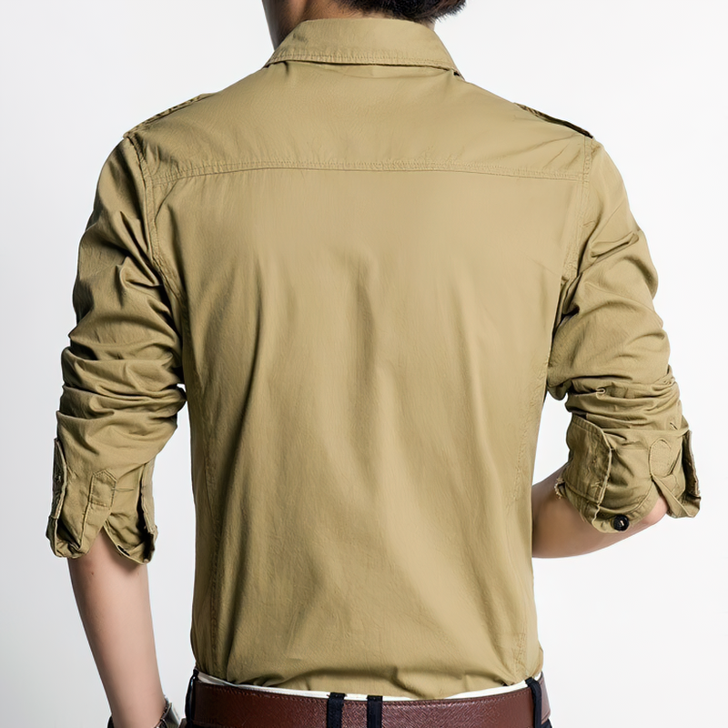 Back view of military slim fit long sleeve men's shirt in khaki, showcasing turn-down collar and rolled sleeves.