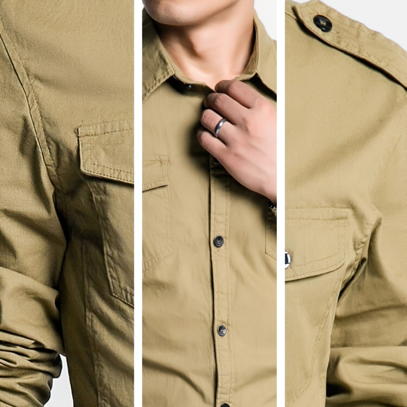 Close-up of military slim fit long sleeve shirt in khaki, showcasing button closure and stylish pockets.