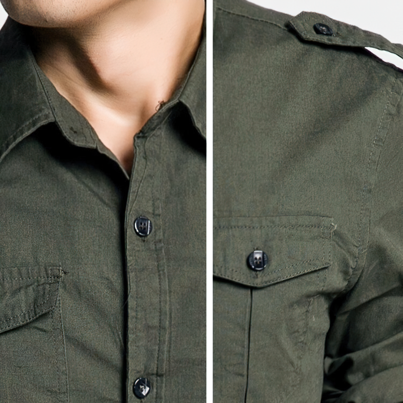 Close-up of a military slim fit long sleeve shirt featuring two pockets and a turn-down collar, perfect for casual wear.