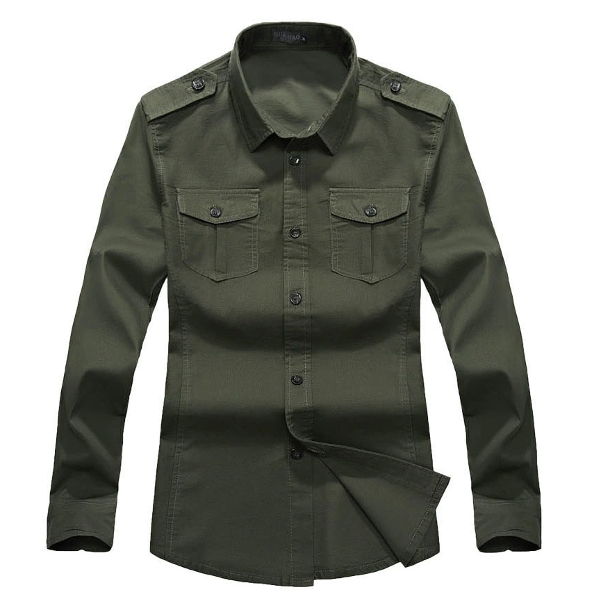 Military slim fit long sleeve men's shirt in olive green with two pockets and button closure for a stylish safari look.