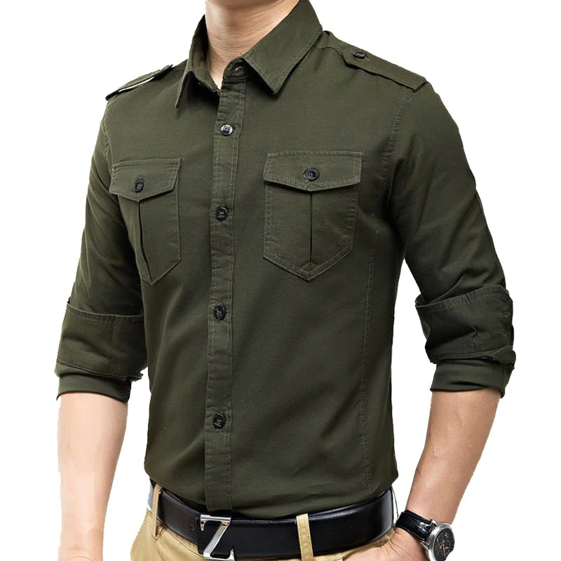 Military slim fit long sleeve men's shirt in olive green with two pockets and rolled sleeves for a stylish safari look.