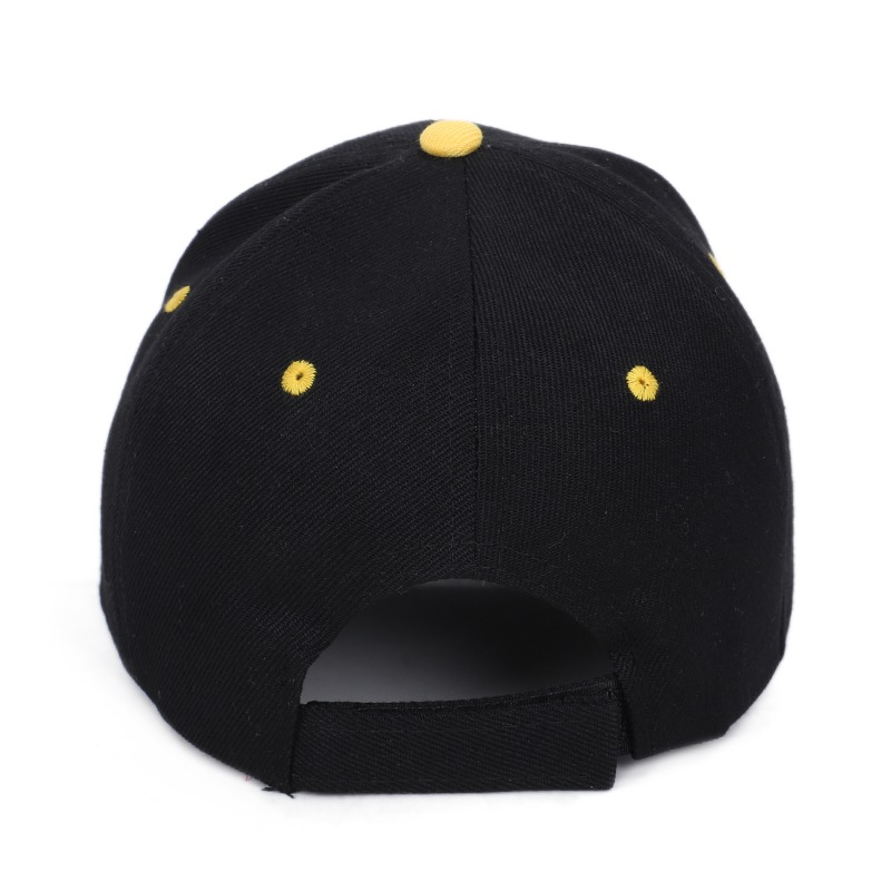 Back view of a black military style cap with yellow accents and adjustable strap for men and women.