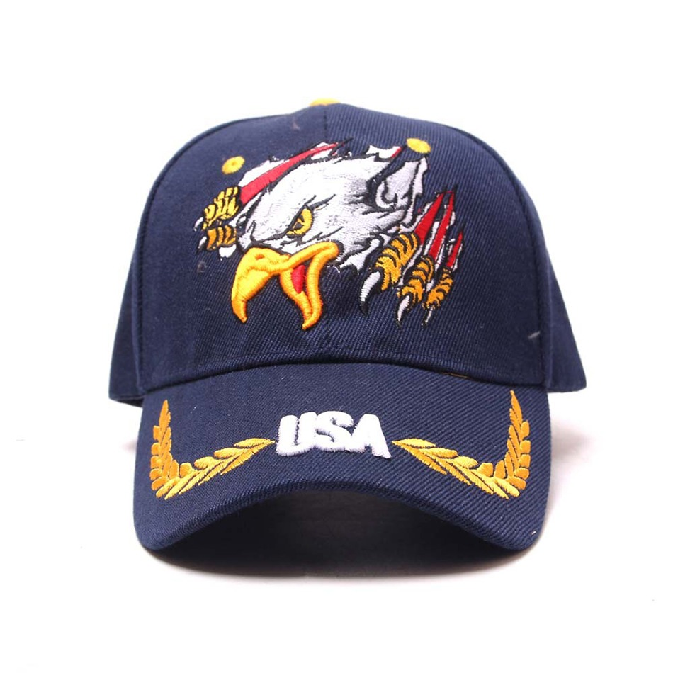 Military style cap with eagle embroidery and USA logo, adjustable fit for men and women, sportswear accessory.