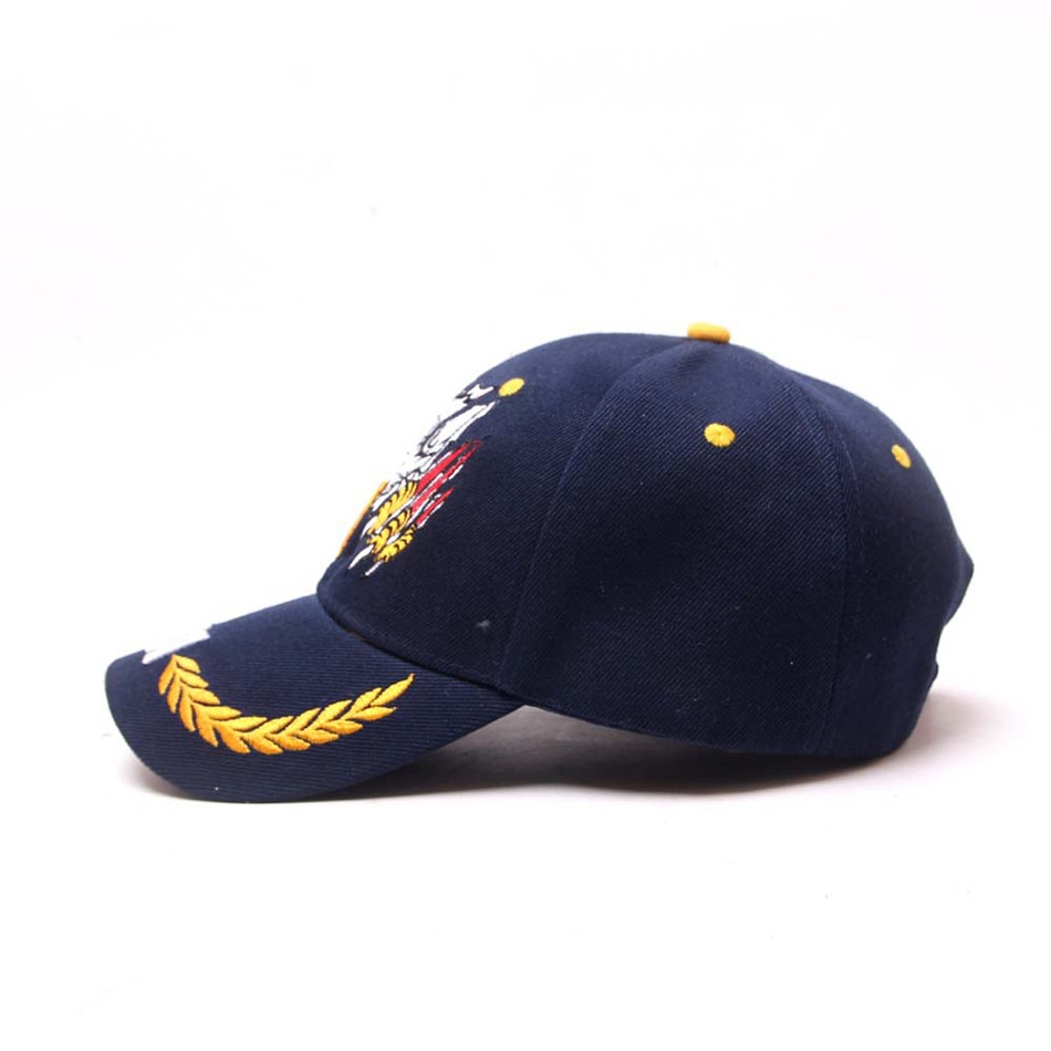 Military style cap in navy blue with eagle embroidery and adjustable strap, perfect for men's and women's sportswear.