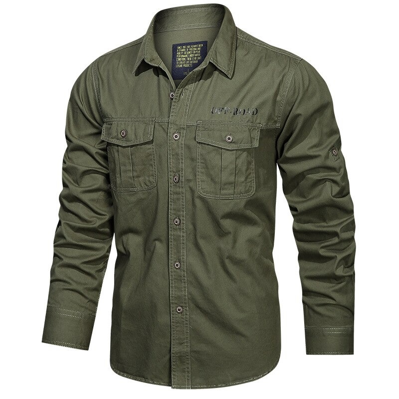 Men's long sleeve military style cotton shirt in army green, featuring pockets and stylish design.