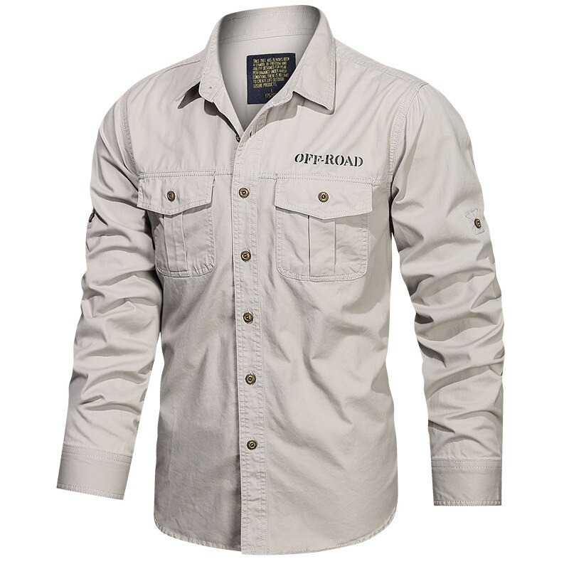 Stylish long sleeve men's cotton shirt in beige with OFF-ROAD print and two front pockets.