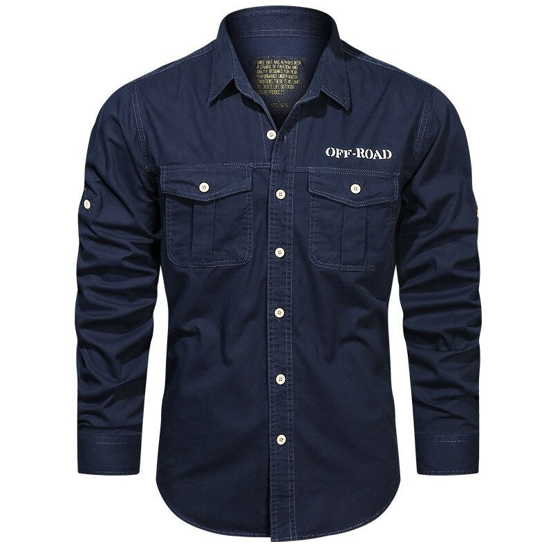 Navy blue long sleeve off-road shirt for men with stylish pockets and button-down design.