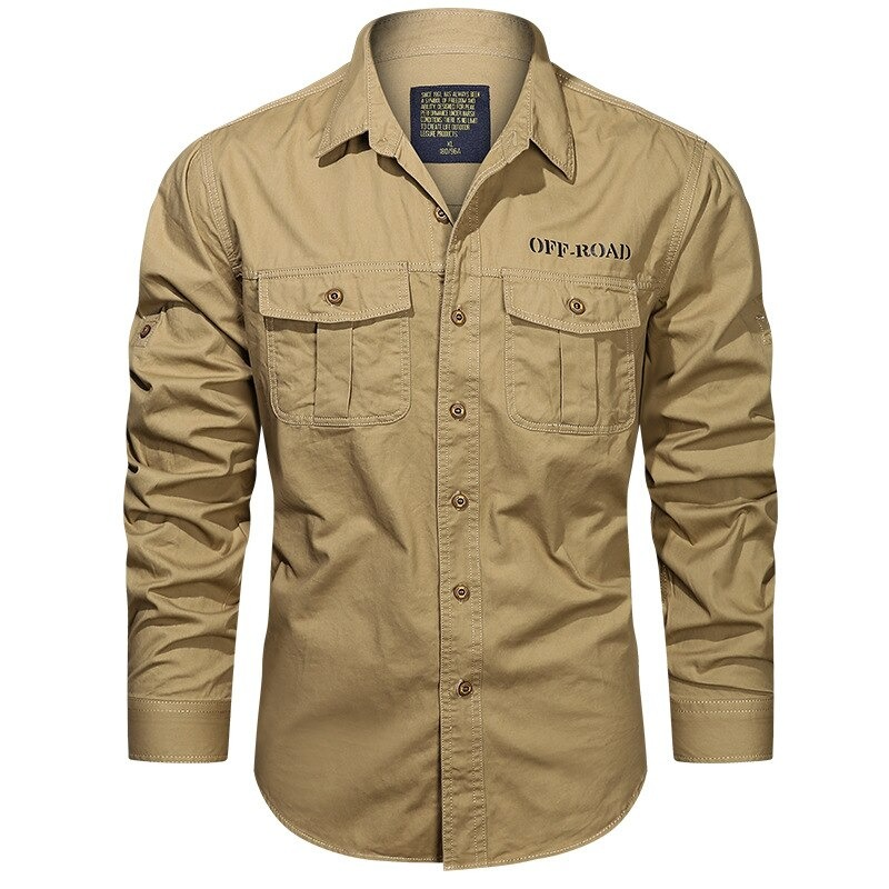 Men's long sleeve military-style shirt in khaki with off-road print and pocket details.