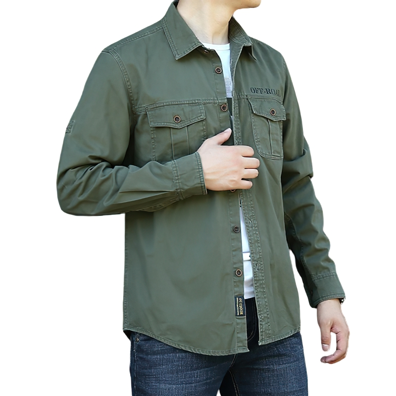 Men's long sleeve military style cotton shirt in army green, perfect for casual wear or outdoor adventures.