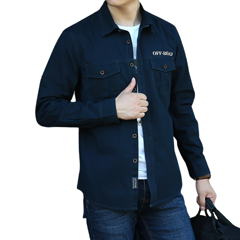 Men's military style long sleeve cotton shirt with pockets in navy blue, perfect for casual outdoor wear.
