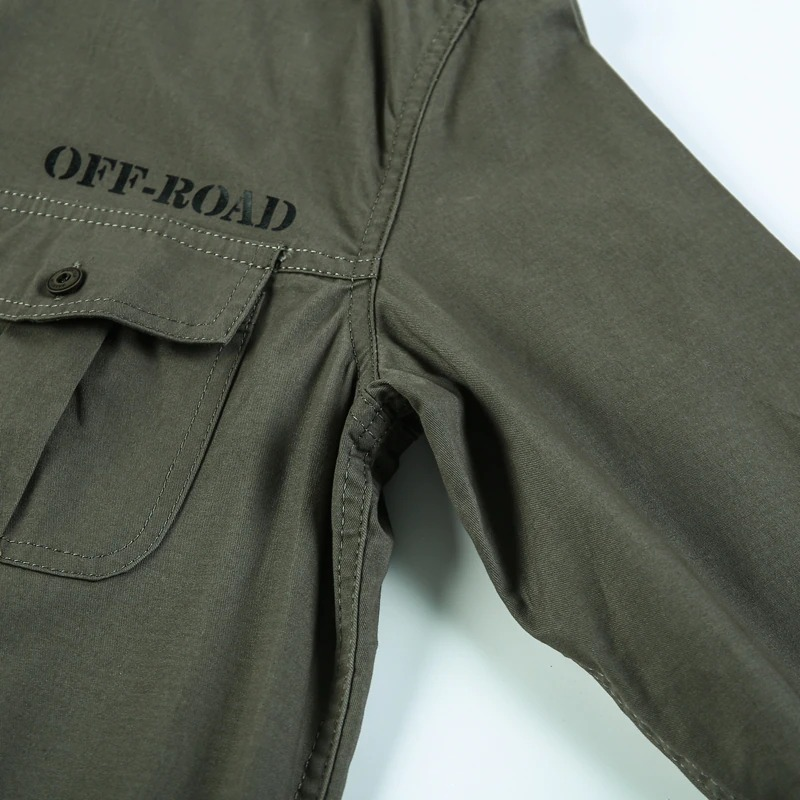 Men's military style cotton shirt featuring off-road design and stylish long sleeves in army green.