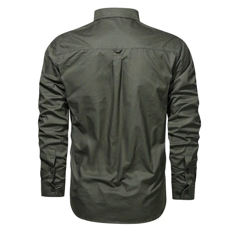 Back view of a stylish military style men's long sleeve cotton shirt in olive green.