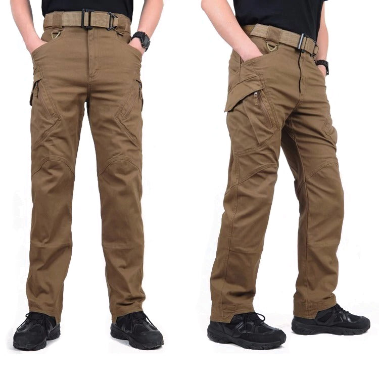 Men's military tactical cargo pants in brown with multiple pockets, ideal for outdoor and tactical use.