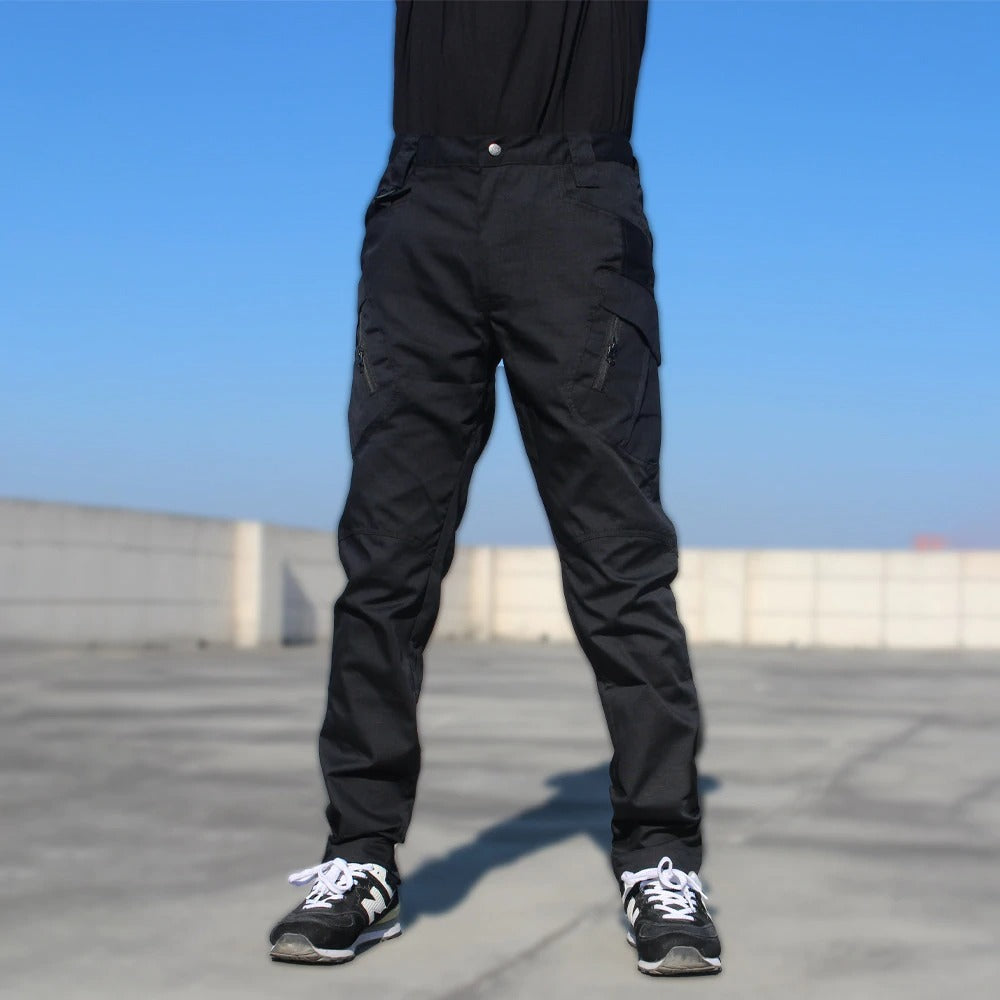 Men's military tactical cargo pants in black, featuring multiple pockets for practicality and style.