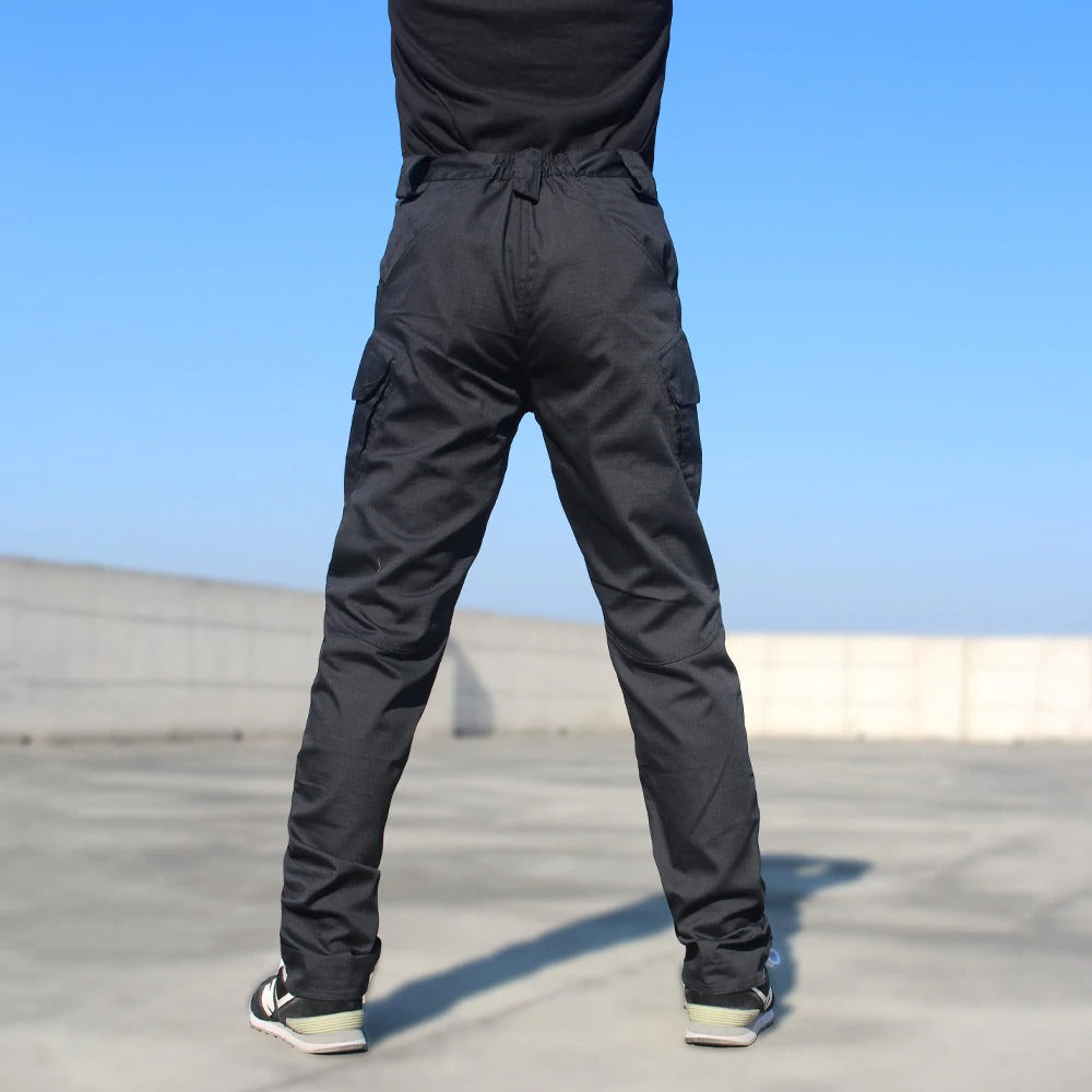 Men's military tactical cargo pants in black, featuring multiple pockets and a comfortable fit, perfect for outdoor activities.