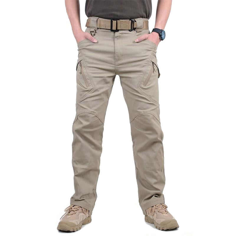 Men's military tactical cargo pants in khaki with multiple pockets, ideal for outdoor activities and everyday wear.