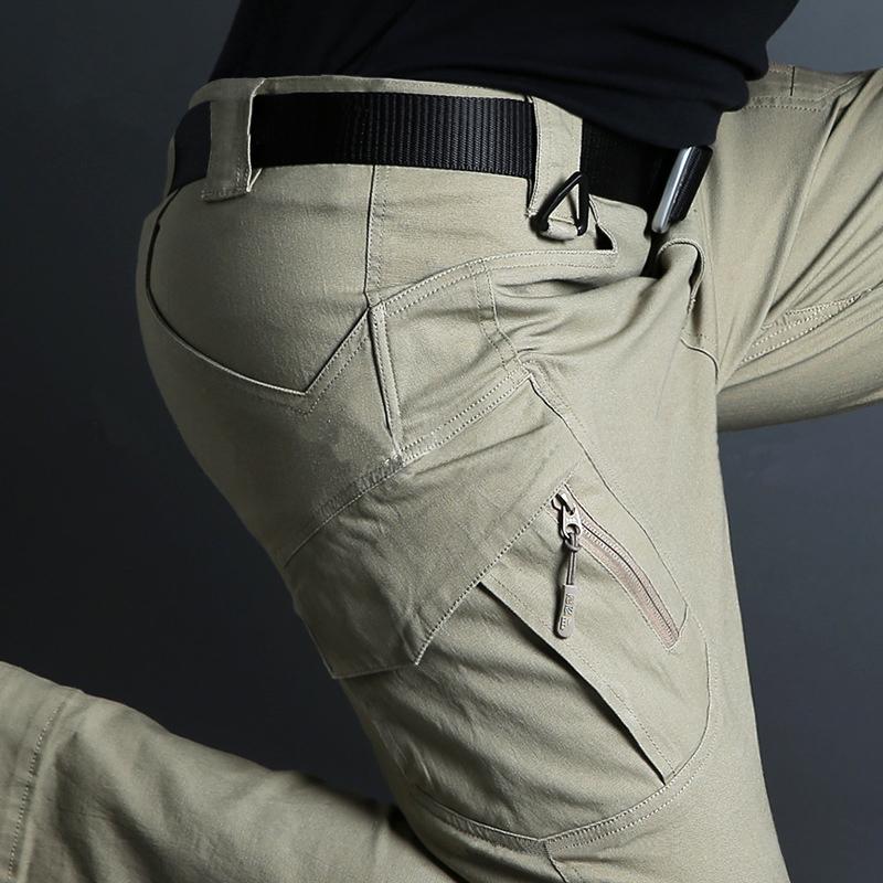 Men's military tactical cargo pants in khaki with multiple pockets, designed for functionality and comfort.