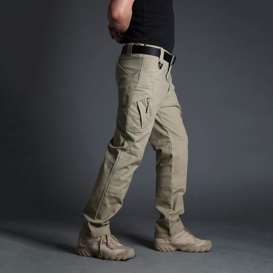 Men's military tactical cargo pants in beige with multiple pockets, perfect for outdoor adventures.