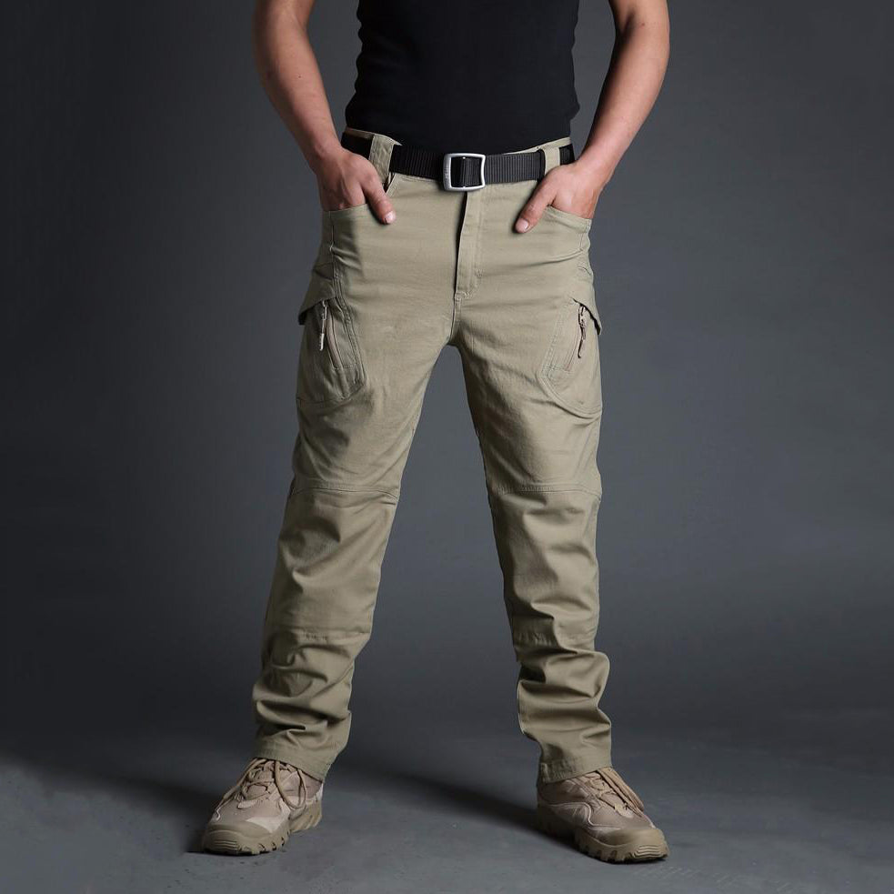 Men's military tactical cargo pants in khaki, showcasing multiple pockets and a stylish belt for versatile outdoor use.