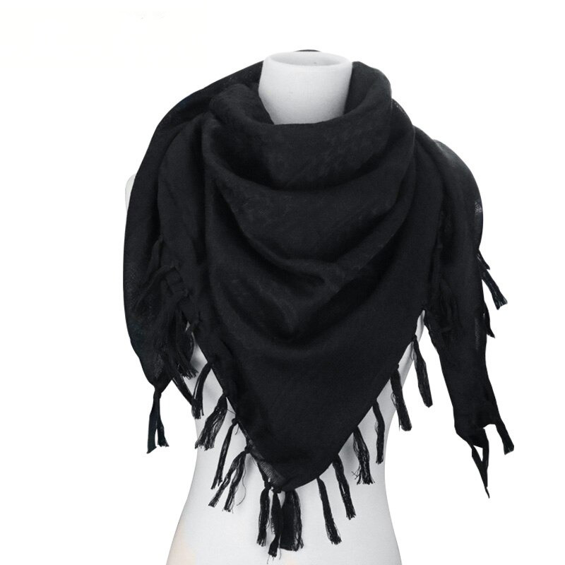 Black military tactical scarf with fringe, perfect for outdoor adventures and stylish desert wear for all.