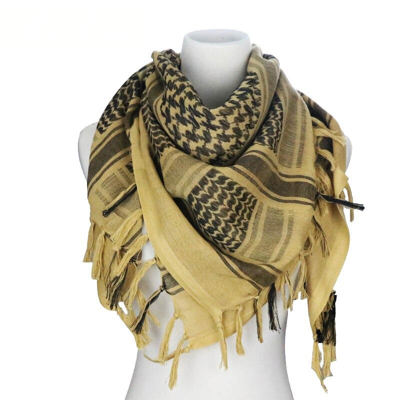 Military tactical desert scarf in beige and brown patterns, ideal for outdoor activities and stylish wear.