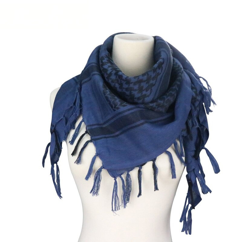 Military tactical desert scarf in navy blue, featuring stylish fringe edges and houndstooth pattern, ideal for men and women.