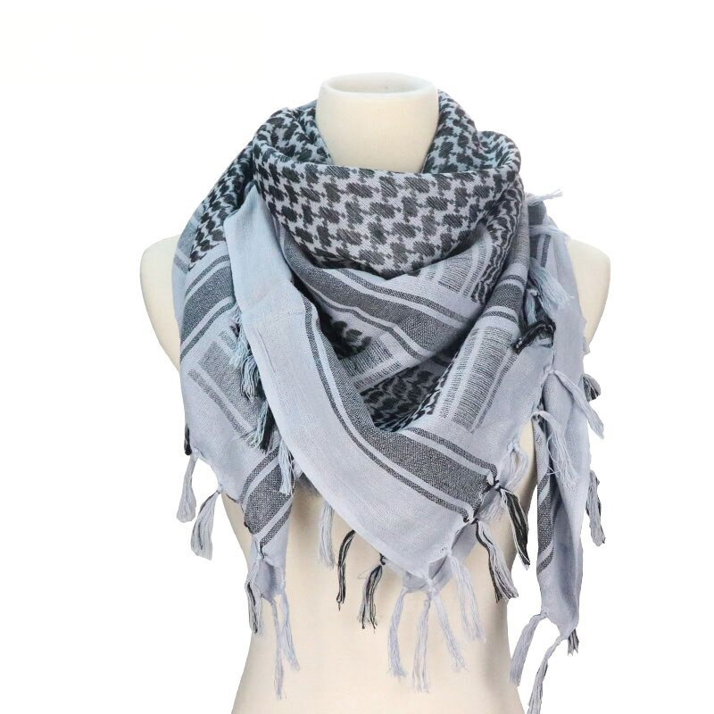 Stylish military tactical desert scarf in gray with fringe, perfect for outdoor activities and fashion lovers.
