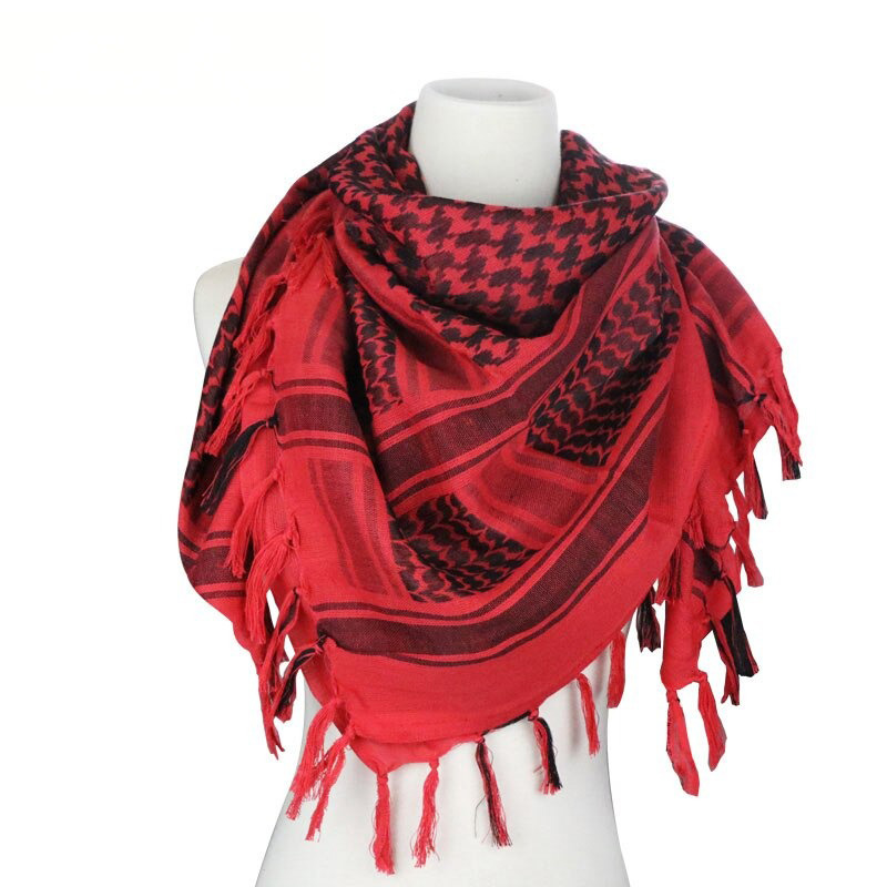 Red military tactical scarf with houndstooth pattern, perfect for desert adventures and stylish outfits.