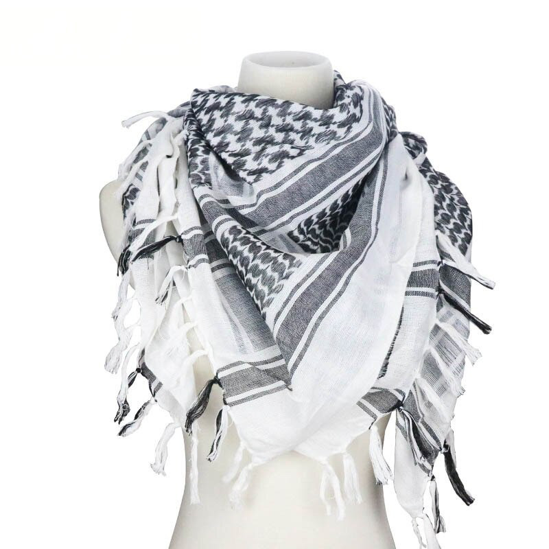 Stylish black and white military tactical scarf with traditional patterns, perfect for desert adventures and fashion-forward looks.