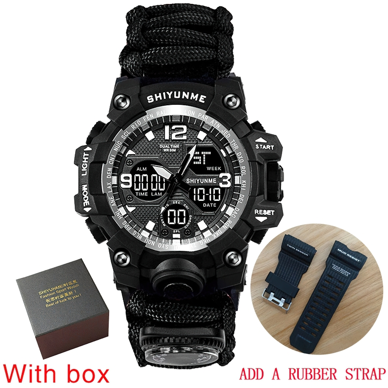 Men's military waterproof digital watch with compass, featuring included box and rubber strap options for outdoor adventures.