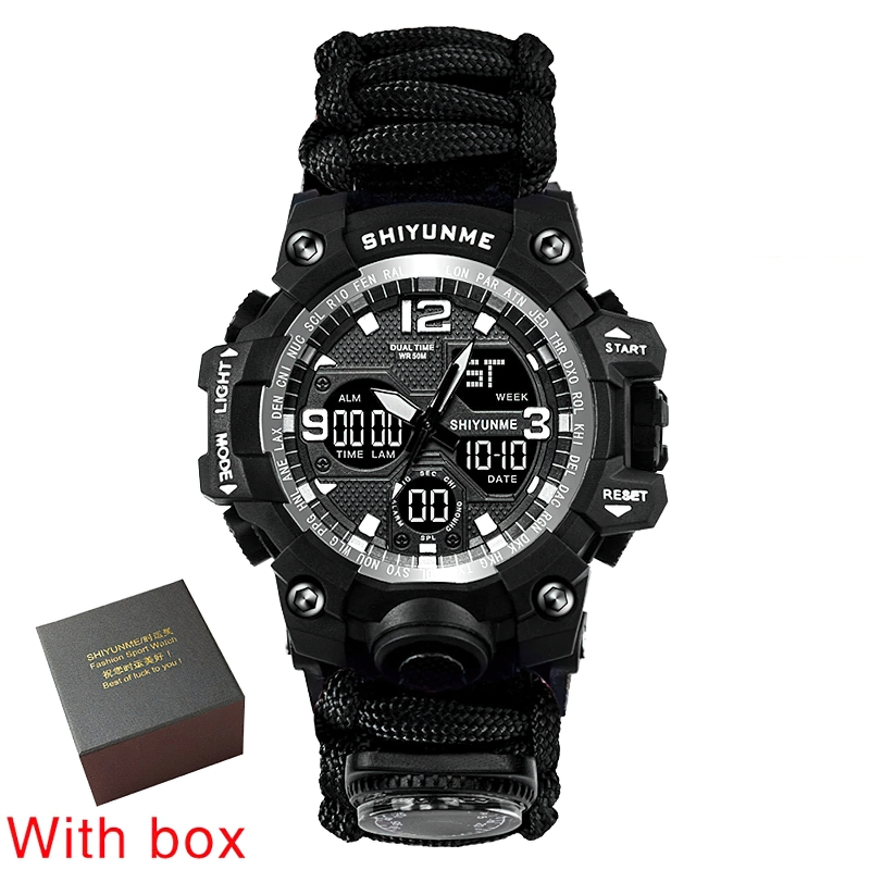 Men's military waterproof digital watch with compass in black, showcased with a stylish box.