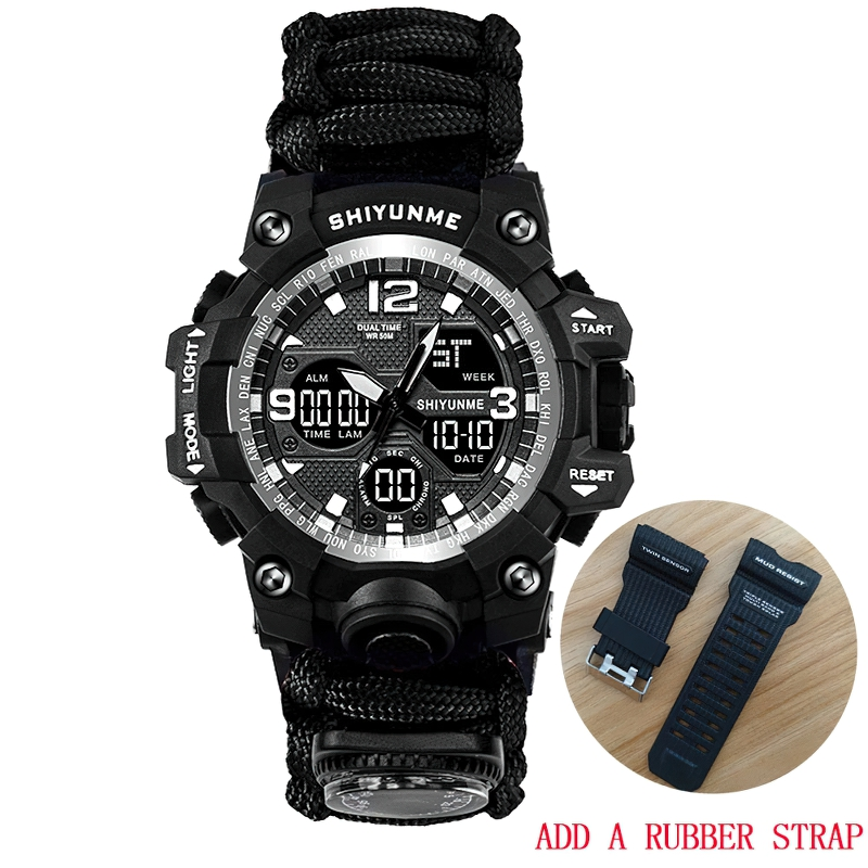 Men's waterproof digital watch with compass and rubber straps for outdoor survival adventures.