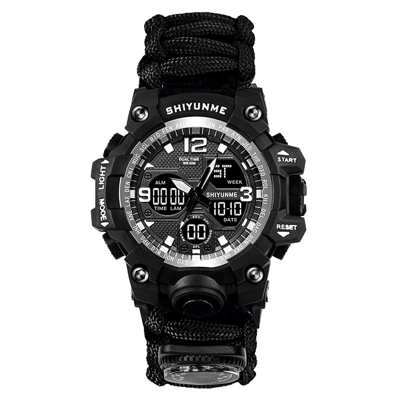 Men's waterproof digital watch with compass, black color, rugged design, ideal for outdoor survival and casual wear.