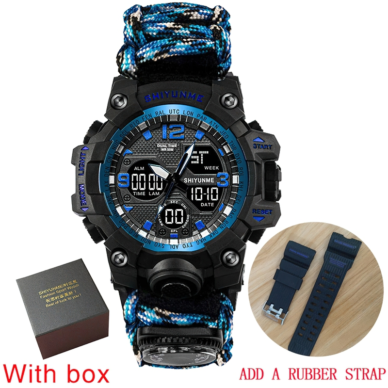 Men's military digital watch with compass and waterproof features, perfect for outdoor survival adventures.