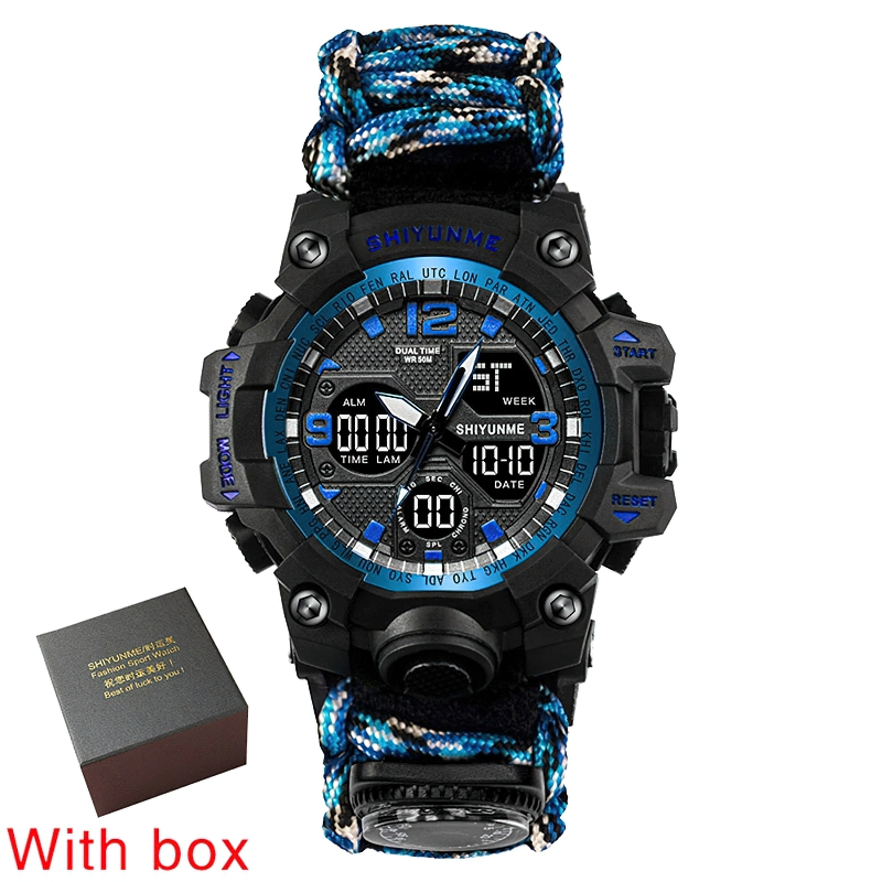 Men's military waterproof digital watch with compass, casual style, in blue and black, including box.
