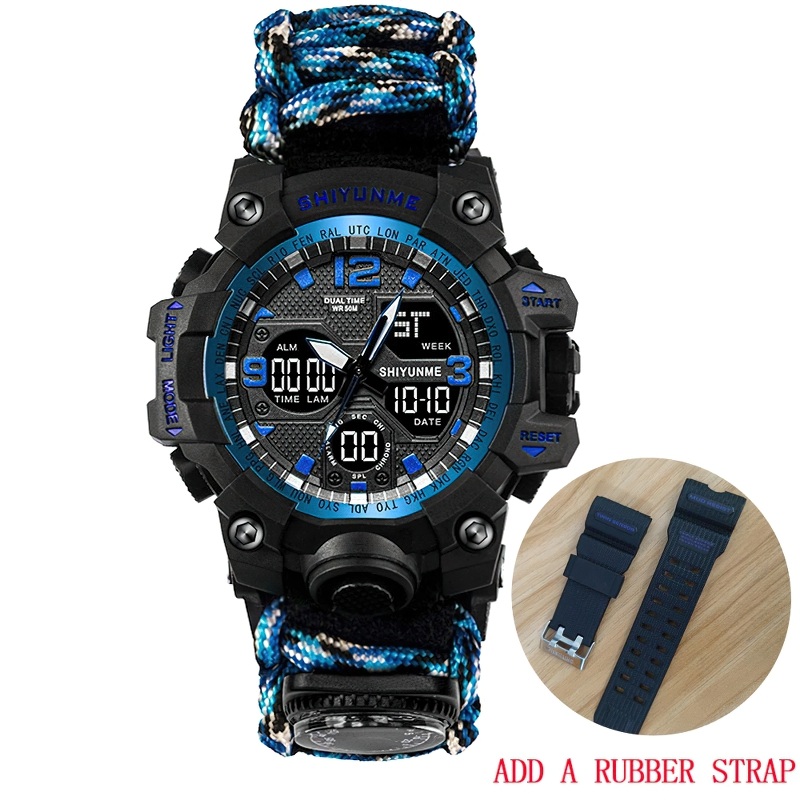 Men's waterproof digital watch with compass and colorful strap, perfect for outdoor adventures and survival.