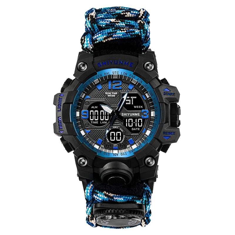 Men's military waterproof digital watch with compass in black and blue color for outdoor survival.