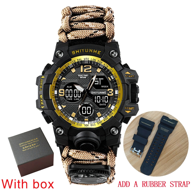 Men's waterproof digital watch with compass, casual style, includes box and extra rubber strap, perfect for outdoor survival.