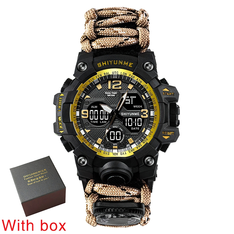 Men's military waterproof digital watch with compass, casual style, black and yellow design, includes box.