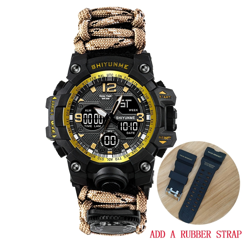Men's military waterproof digital watch with compass and adjustable rubber strap for outdoor survival adventures.