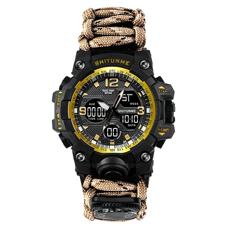 Men's waterproof digital watch with compass, perfect for outdoor survival and casual style adventures.