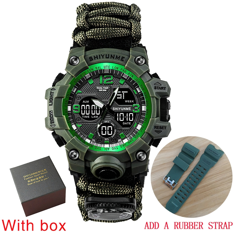Men's military waterproof digital watch with compass, green design, includes box and optional rubber strap.