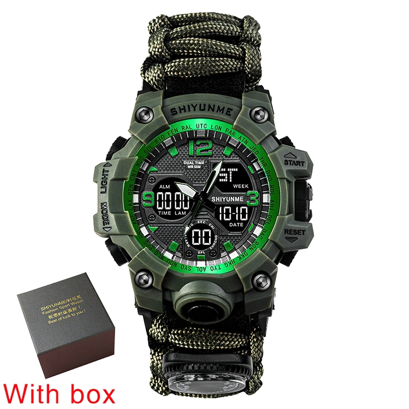 Men's military waterproof digital watch with compass, stylish outdoor survival accessory in a gift box.