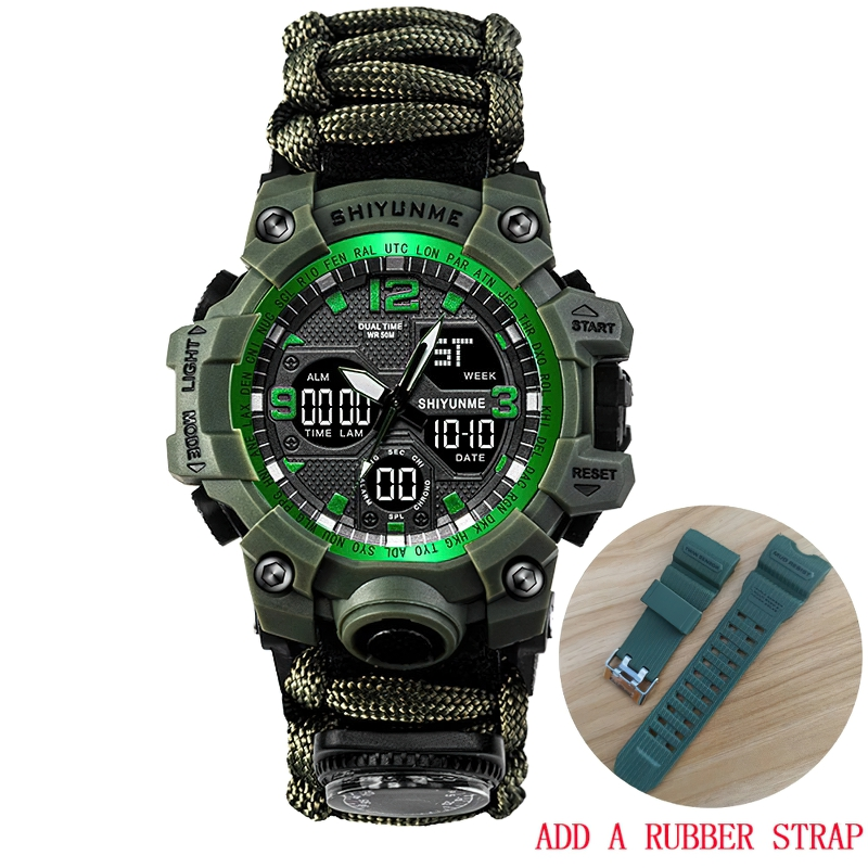 Men's military waterproof digital watch with compass, green accents, and optional rubber strap for outdoor survival.
