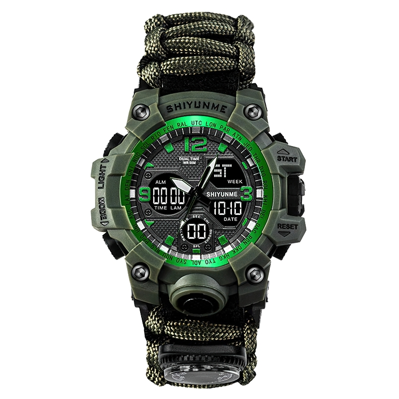 Men's military waterproof digital watch with compass, perfect for outdoor survival and casual wear, in green and black.