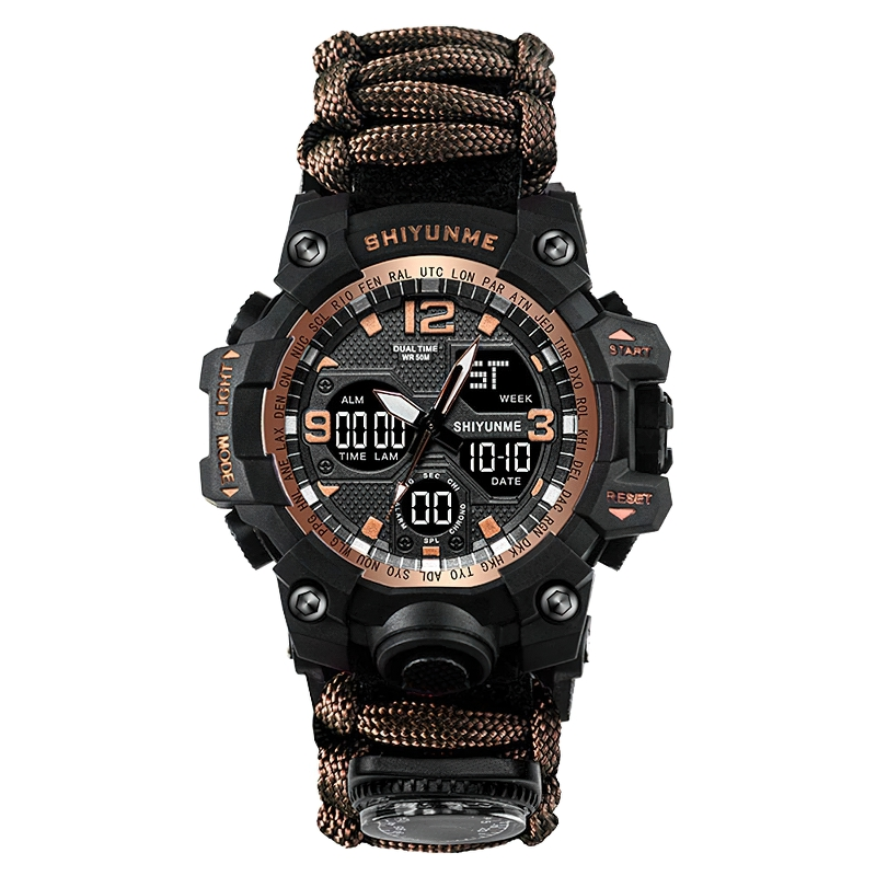 Military waterproof digital watch with compass for men, perfect for outdoor survival and casual styling.